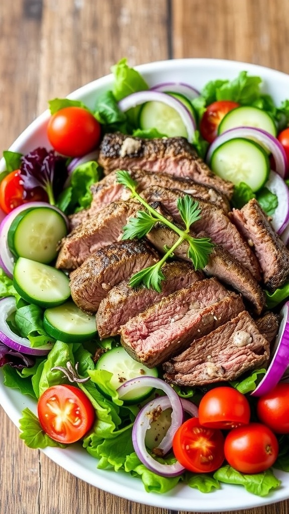 A colorful air fryer steak salad with sliced steak, mixed greens, tomatoes, cucumber, and onion on a wooden table.